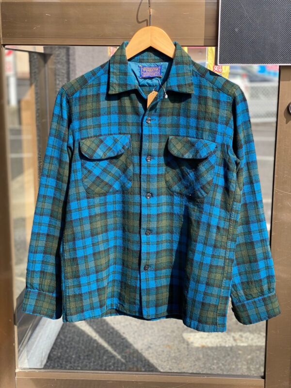60's PENDLETON ウールシャツ　ボードシャツ Sサイズ　チェックシャツ　オープンカラーシャツ　ボックスシルエット　ブルー
