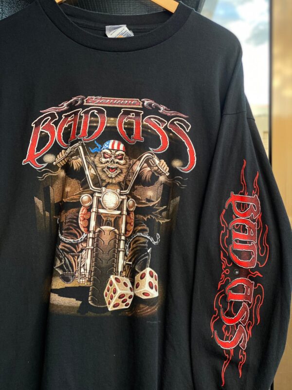 00's THUNDER SPORTSWEAR "BAD ASS" 長袖Tシャツ XL ロンT ロングスリーブTシャツ バッドアス　BADASS バイカー　バイカーTシャツ 袖プリント　バイク　チョッパー　スラング　スカル　ドクロ　髑髏　skull biker outlaw アウトロー