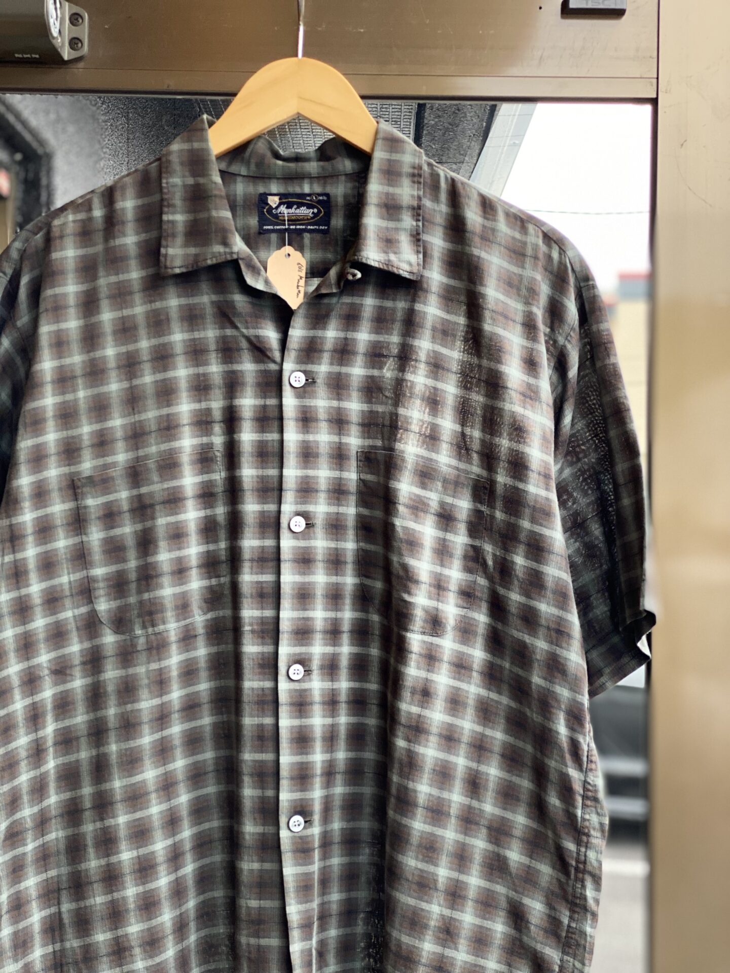 60’s Vintage Manhattan MANSMOOTH 半袖オンブレチェックコットンシャツ　Lサイズ　16-16 1/2 オープンカラーシャツ　開襟シャツ　オンブレチェックシャツ　シャドウチェック　ボックスシルエット　半袖シャツ　ヴィンテージシャツ ビンテージシャツ　アメカジ　古着　不良　ブラウン　グレー　アースカラー