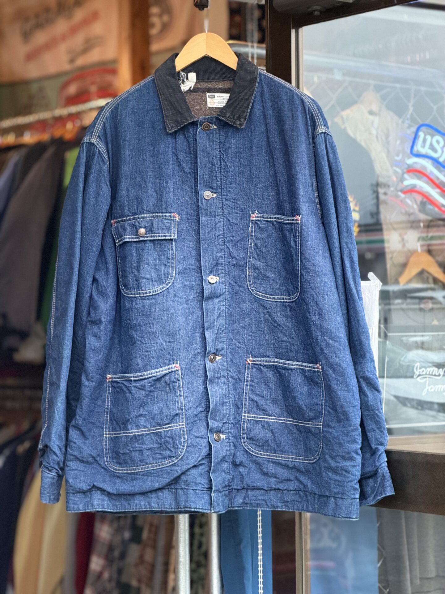 60's Vintage Sears ブランケットライナー付きデニムカバーオール 46-46 XLサイズ 濃紺 インディゴブルー チョアジャケット シアーズ 60年代 ビンテージデニム ヴィンテージカバーオール ワークウェア ガチャポケ 裏地付き 大きいサイズ