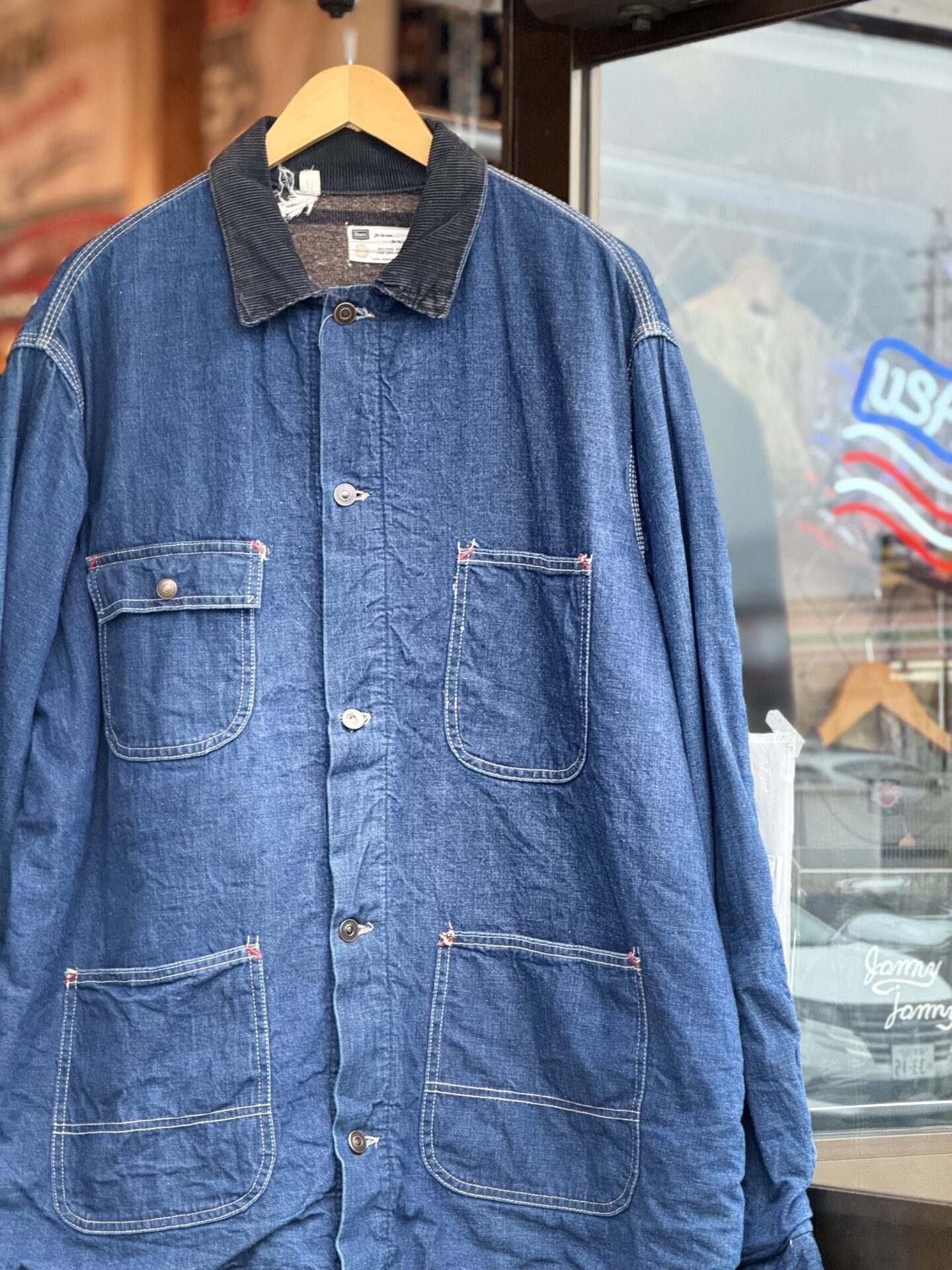 60’s Vintage Sears ブランケットライナー付きデニムカバーオール　46-46 XLサイズ　濃紺　インディゴブルー　チョアジャケット　シアーズ　60年代　ビンテージデニム　ヴィンテージカバーオール　ワークウェア　ガチャポケ 裏地付き　大きいサイズ