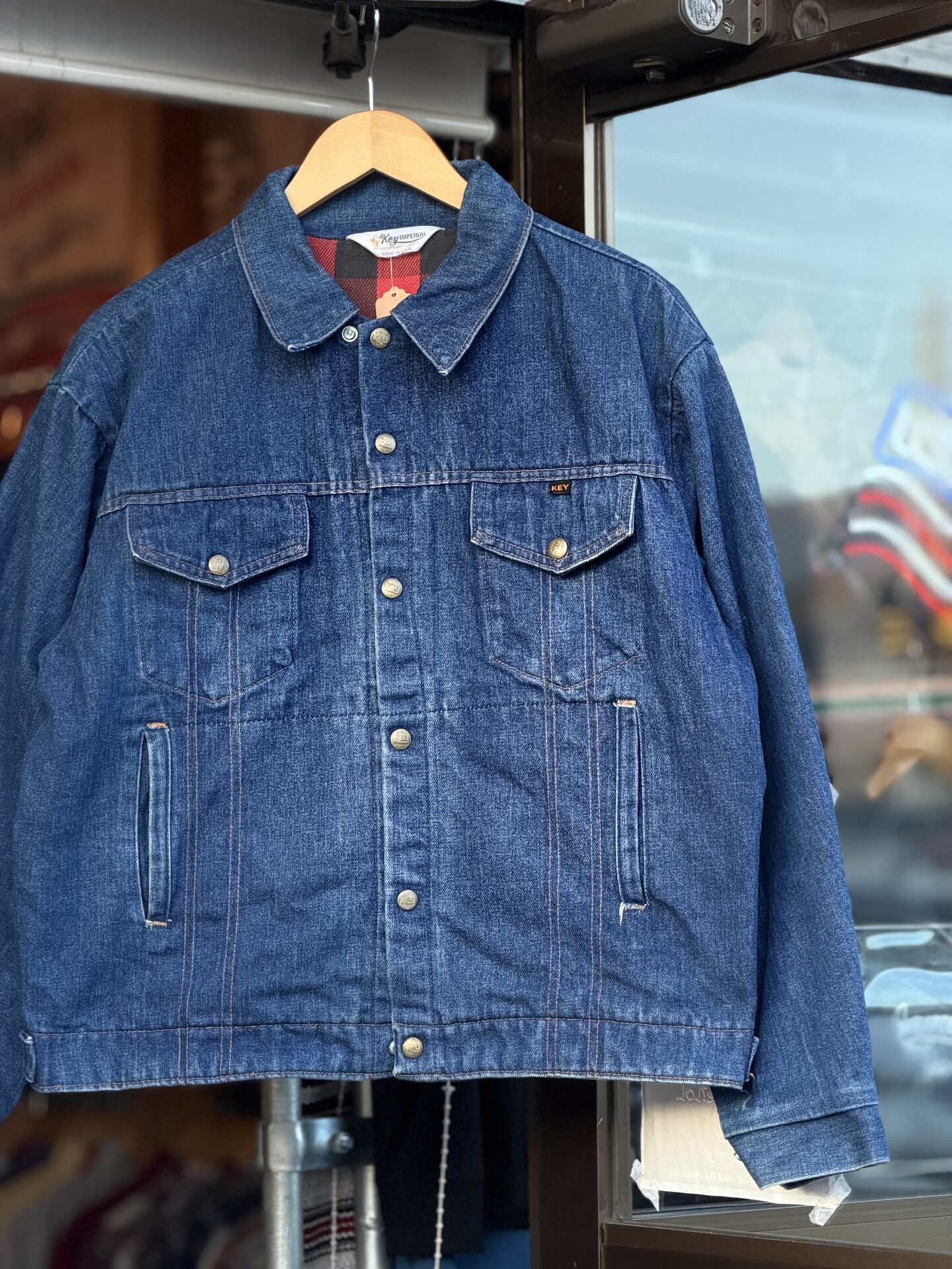 60~70's Vintage Key IMPERIAL フランネル裏地付きデニムジャケット MADE IN U.S.A. 記載無し 実寸M~Lサイズ程 ジージャン Gジャン アメカジ バッファローチェック キーインペリアル 古着 70年代 濃紺 スナップボタン 短丈