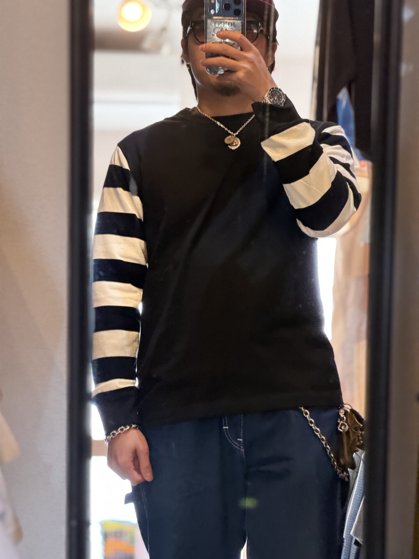 OKONKWO MFG.CO 袖ボーダーロングスリーブTシャツ ボーダースリーブ M L XL アメカジ バイカー 囚人 プリズナー ヘビーウェイト レイヤード 長袖Tシャツ ロンT