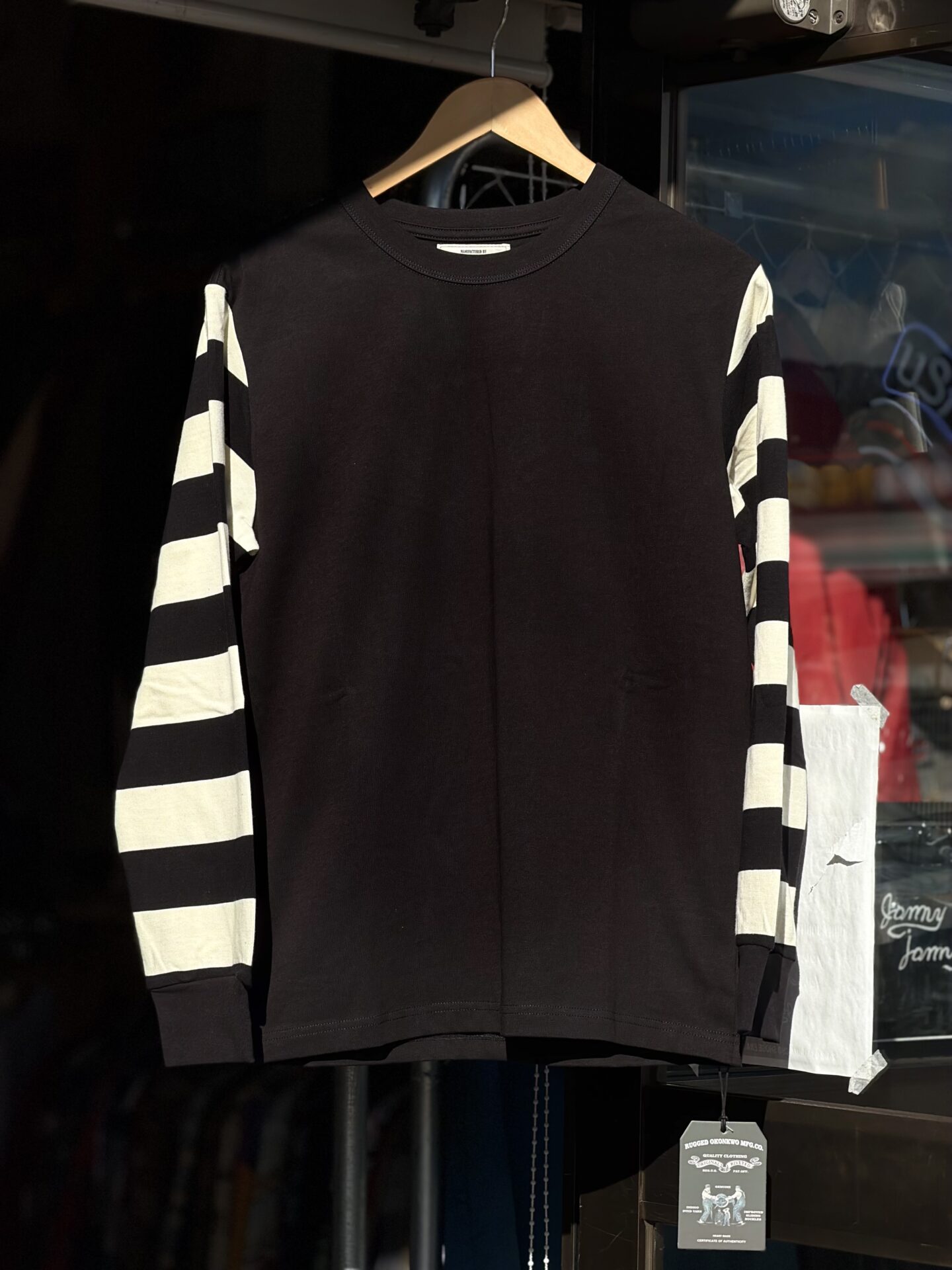 OKONKWO MFG.CO 袖ボーダーロングスリーブTシャツ ボーダースリーブ M L XL アメカジ バイカー 囚人 プリズナー ヘビーウェイト レイヤード 長袖Tシャツ ロンT