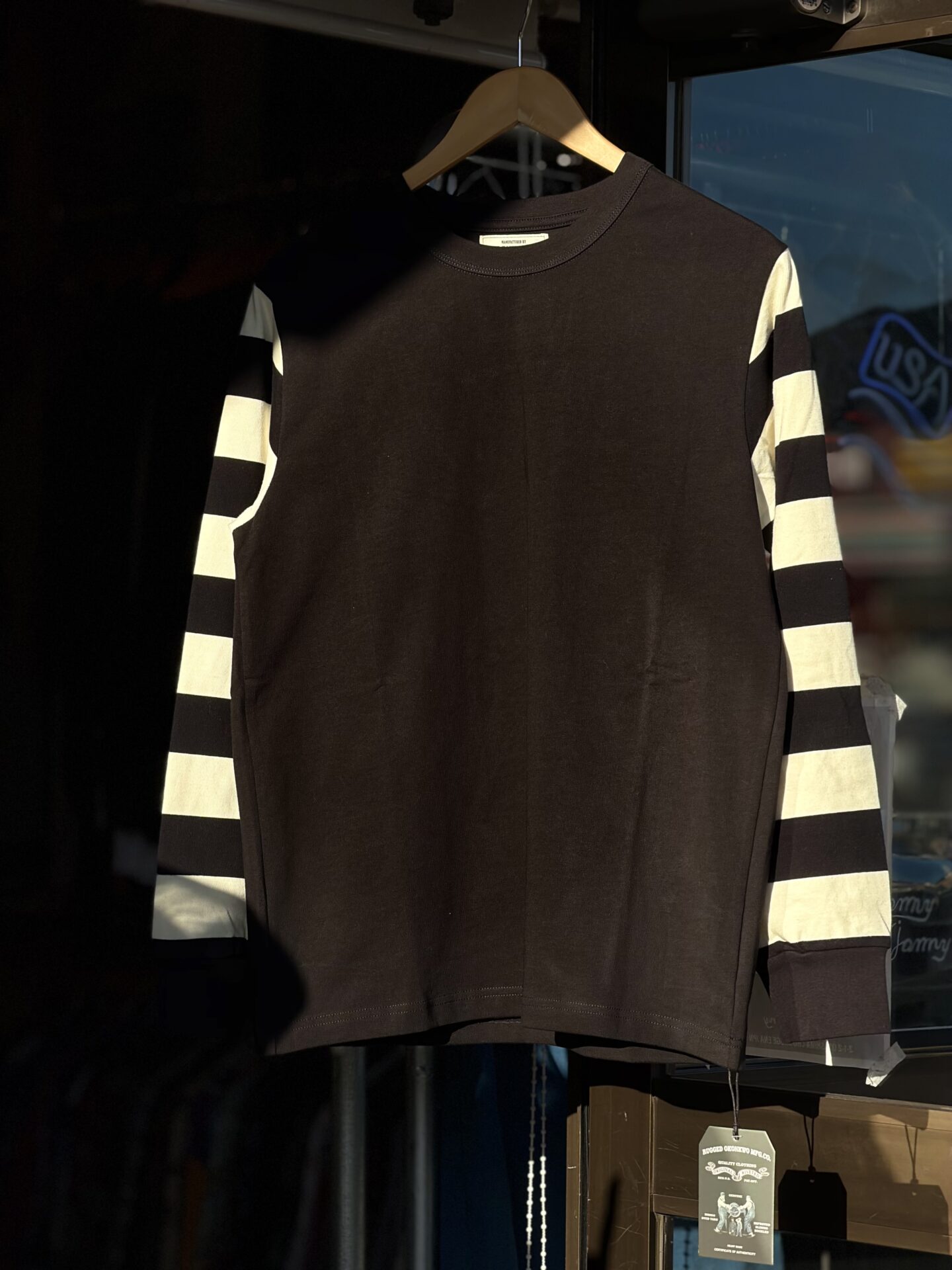 OKONKWO MFG.CO 袖ボーダーロングスリーブTシャツ ボーダースリーブ M L XL アメカジ バイカー 囚人 プリズナー ヘビーウェイト レイヤード 長袖Tシャツ ロンT