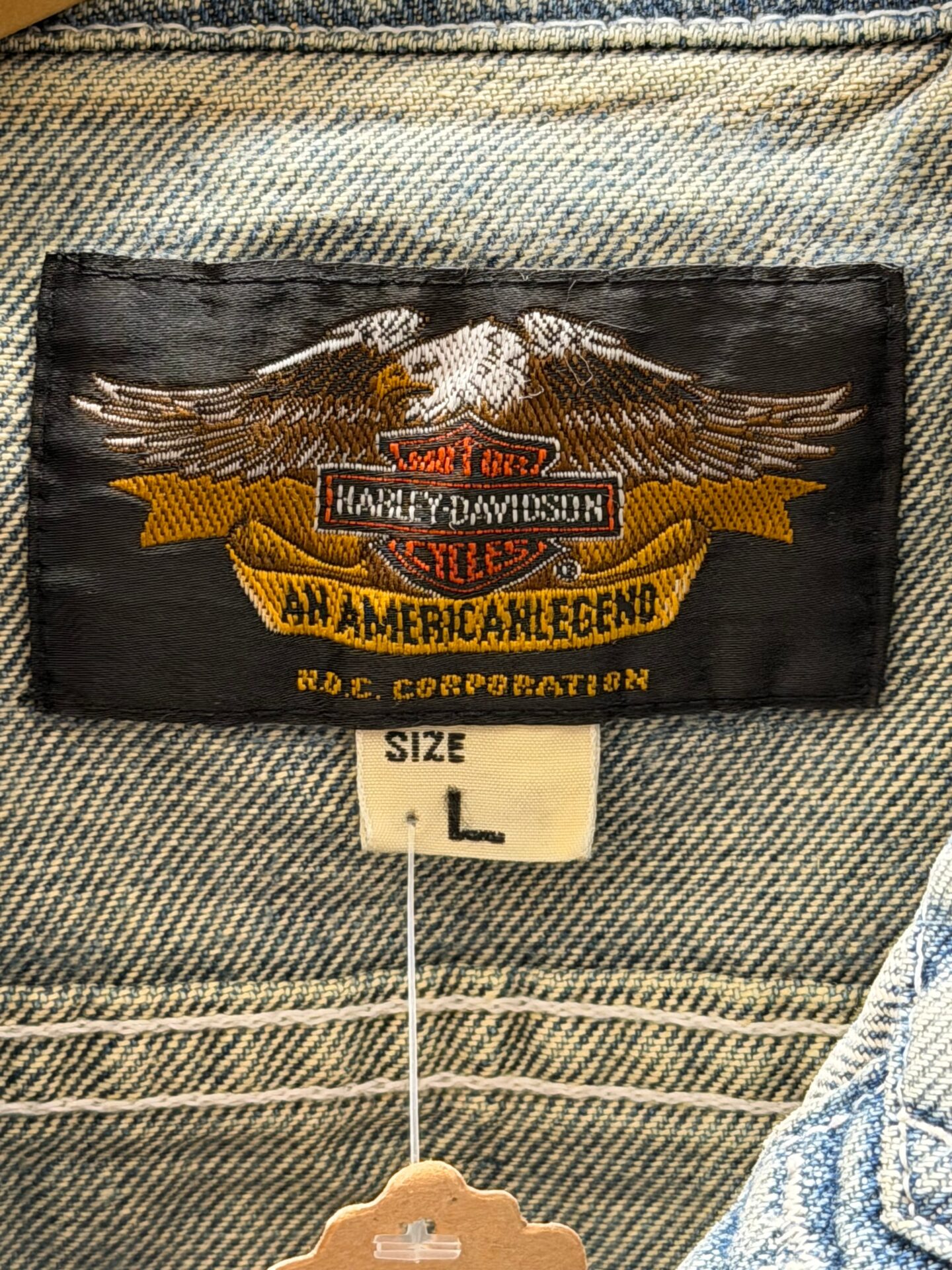HARLEY-DAVIDSON "BORN IN THE U.S.A." 刺繍入りデニムベスト Lサイズ カットオフ デニムジャケット ハーレーダビッドソン イーグル アメカジ バイカー バイク Gベスト 古着