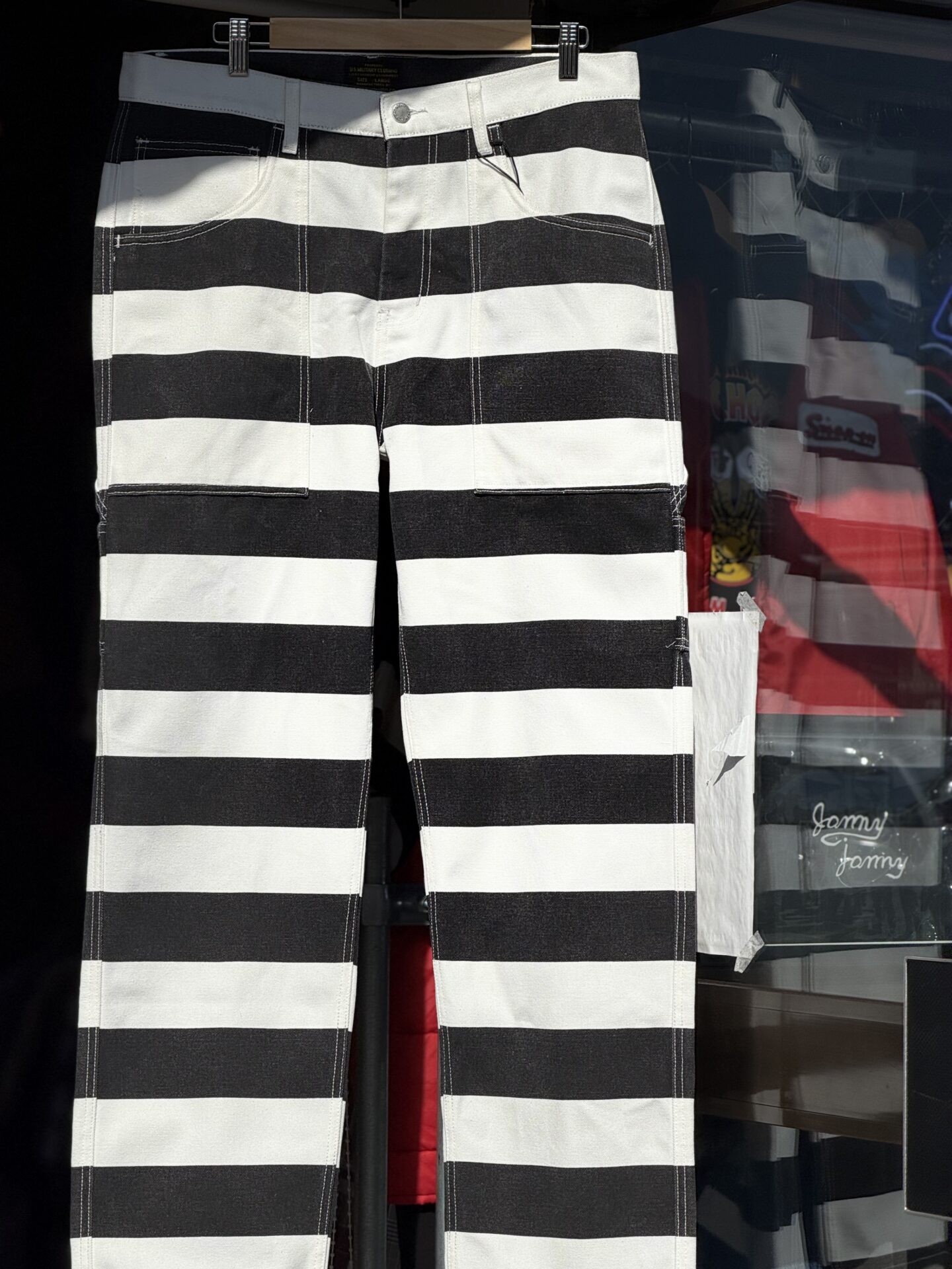 OKONKWO MFG.COM 16ozキャンバスダックボーダーパンツ 3サイズ プリズナーパンツ アメカジ バイカー 囚人 プリズナー ヘビーウェイト 黒白 白黒 横縞 バイク ハーレー乗り ペインターパンツ ワークパンツ 厚手 16オンス ヘビーウェイト コットン100%