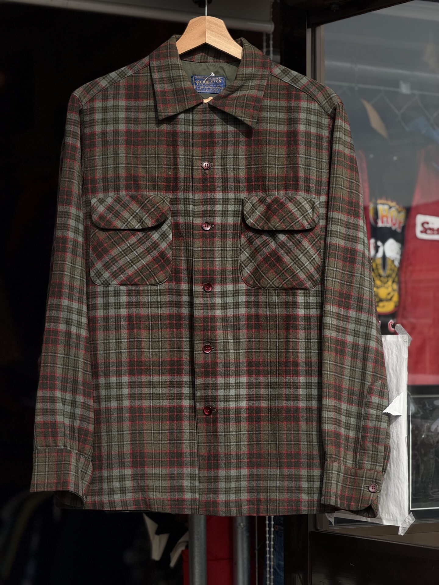 50~60's Vintage PENDLETON ボードシャツ Mサイズ 美品 board shirt ペンドルトン ウールシャツ ボックスシルエット オープンカラーシャツ 開襟シャツ 50's フラップポケット グレー グリーン チェック ビンテージ ヴィンテージ