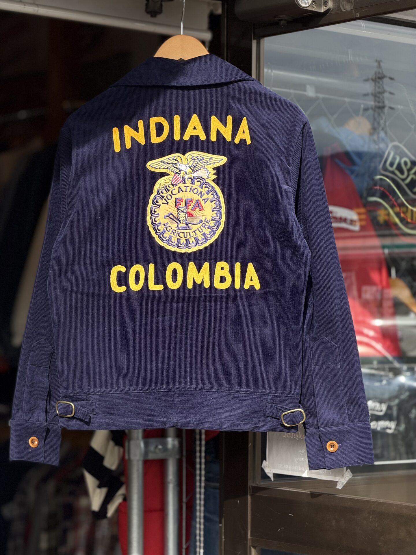 FFA jacket "INDIANA COLOMBIA" コーデュロイジャケット M L GDDQSDC&CO ネイビー FFAジャケット 制服 復刻 新品 アメカジ 短丈 ヴィンテージ ビンテージ vintage TALONジップ オープンカラー ユニフォーム 刺繍 チェーンステッチ 農業高校