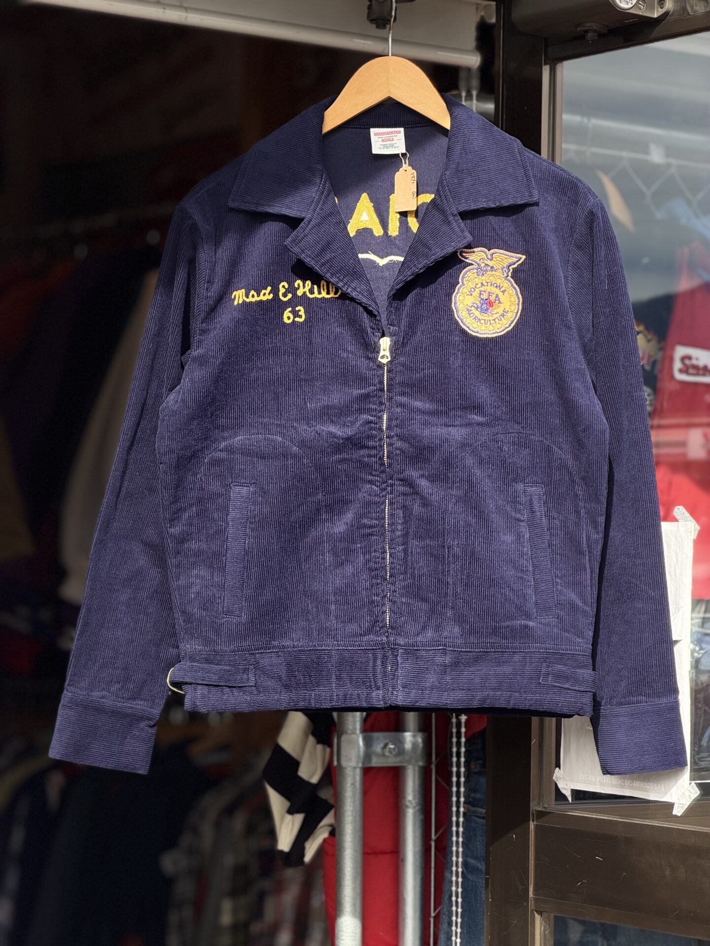 FFA jacket "INDIANA COLOMBIA" コーデュロイジャケット M L GDDQSDC&CO ネイビー FFAジャケット 制服 復刻 新品 アメカジ 短丈 ヴィンテージ ビンテージ vintage TALONジップ オープンカラー ユニフォーム 刺繍 チェーンステッチ 農業高校