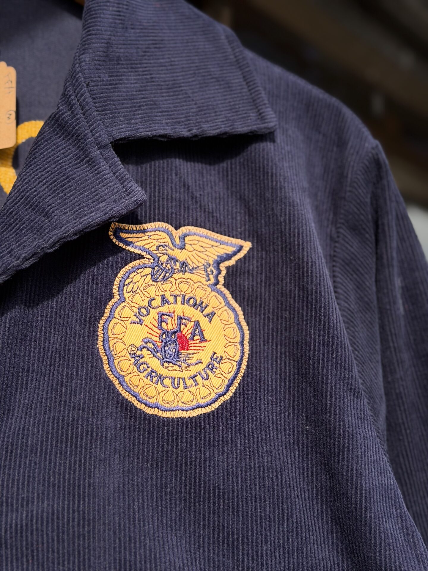 FFA jacket "INDIANA COLOMBIA" コーデュロイジャケット M L GDDQSDC&CO ネイビー FFAジャケット 制服 復刻 新品 アメカジ 短丈 ヴィンテージ ビンテージ vintage TALONジップ オープンカラー ユニフォーム 刺繍 チェーンステッチ 農業高校