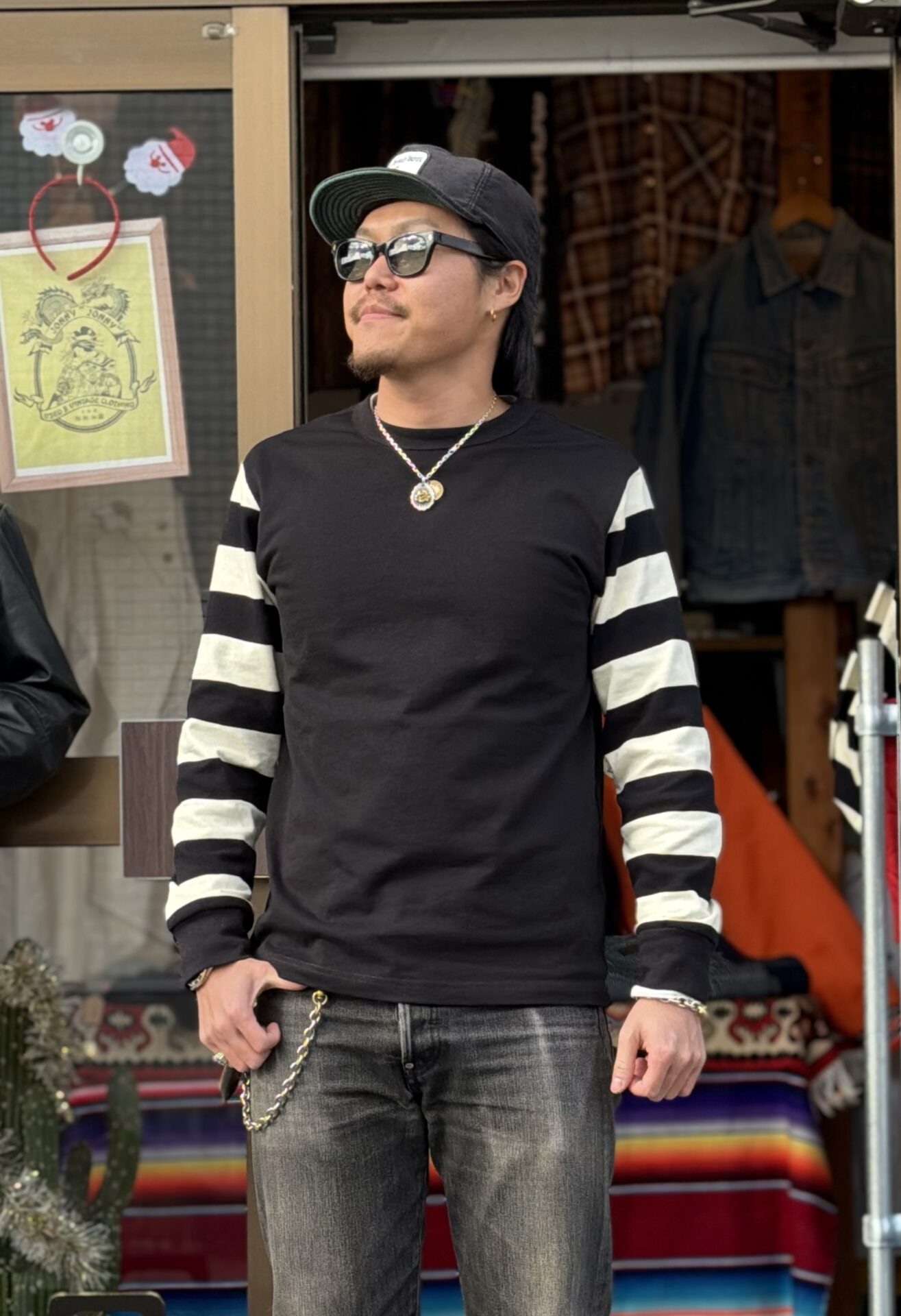 OKONKWO MFG.CO 袖ボーダーロングスリーブTシャツ ボーダースリーブ M L XL アメカジ バイカー 囚人 プリズナー ヘビーウェイト レイヤード 長袖Tシャツ ロンT