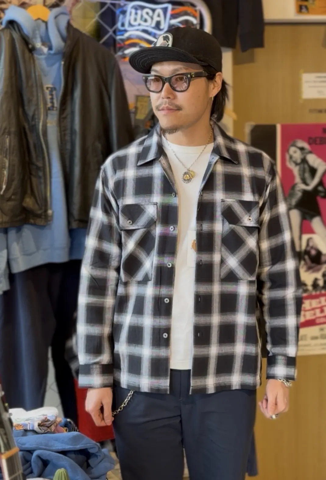ジュンハシモト｜美品 オンブレチェック 開襟シャツ メッシュ オープンカラー白黒 オンブレチェックオープンカラーライトフランネルシャツ M L ブラック